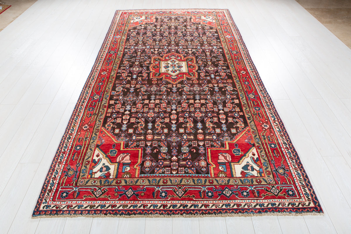 Vintage Black & Red Geometric Medallion Wool Rug – 10' 4" x 5' 5" (314 x 164 cm)