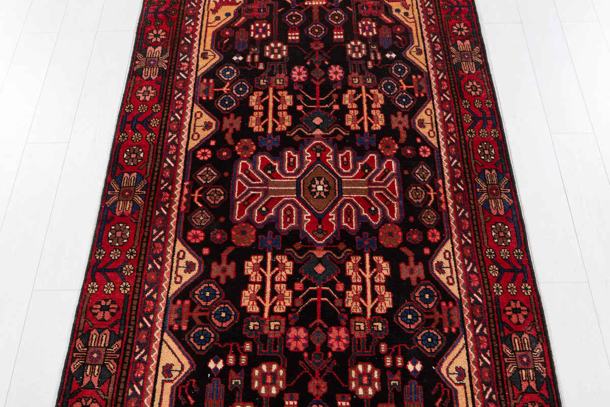 Vintage Black & Rust Orange Geometric Allover Wool Rug – 9' 2" x 4' 3" (279 x 130 cm)