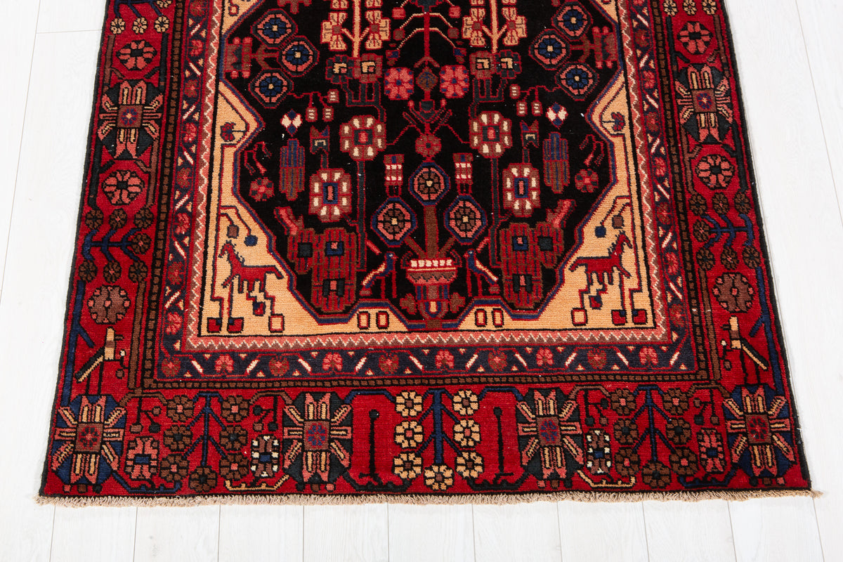 Vintage Black & Rust Orange Geometric Allover Wool Rug – 9' 2" x 4' 3" (279 x 130 cm)