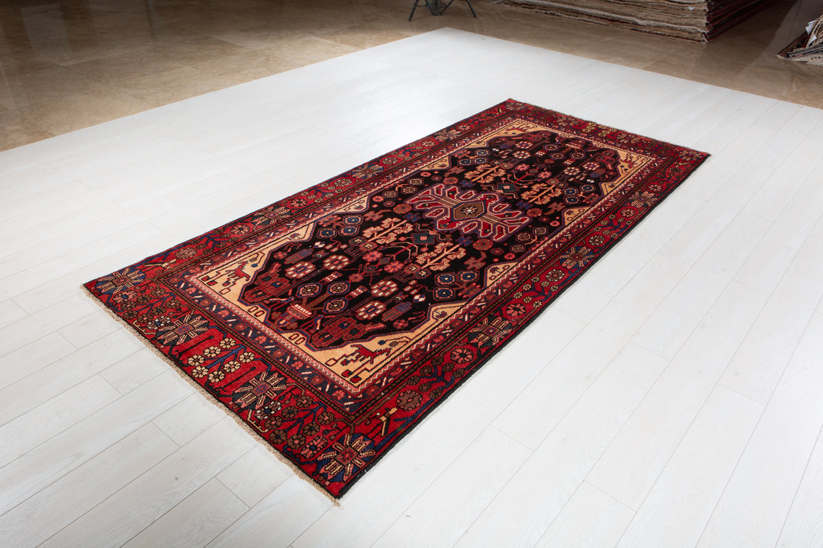 Vintage Black & Rust Orange Geometric Allover Wool Rug – 9' 2" x 4' 3" (279 x 130 cm)