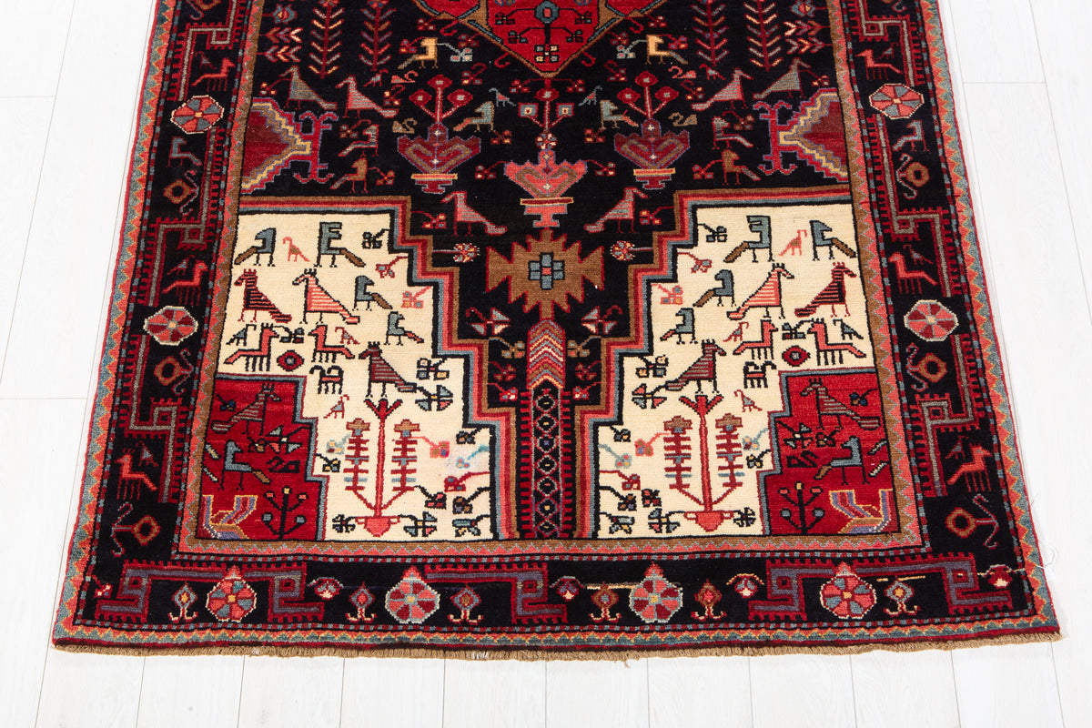 Vintage Deep Navy Blue & Red Geometric Medallion Wool Rug – 9' 11" x 4' 8" (302 x 142 cm)