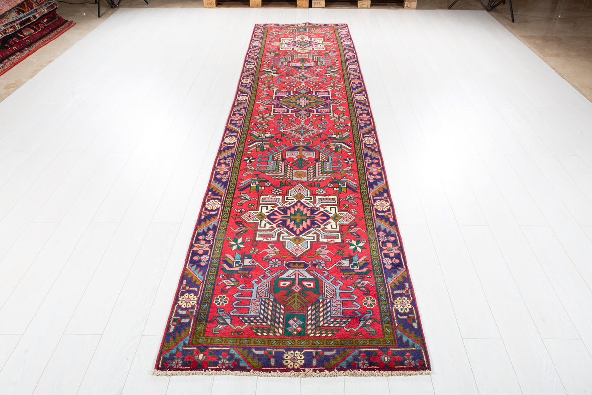 Vintage Geometric Medallion Runner Rug, Red – 12' 4" x 3' 1" (376 x 95 cm)