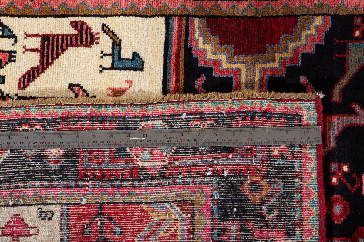 Vintage Deep Navy Blue & Red Geometric Medallion Wool Rug – 9' 11" x 4' 8" (302 x 142 cm)