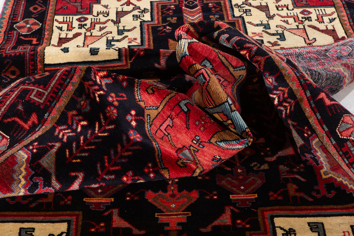 Vintage Deep Navy Blue & Red Geometric Medallion Wool Rug – 9' 11" x 4' 8" (302 x 142 cm)