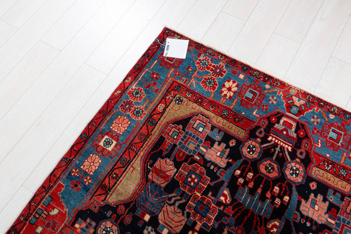 Antique Deep Navy Blue & Red Geometric Medallion Wool Rug – 8' 5" x 5' 0" (257 x 153 cm)