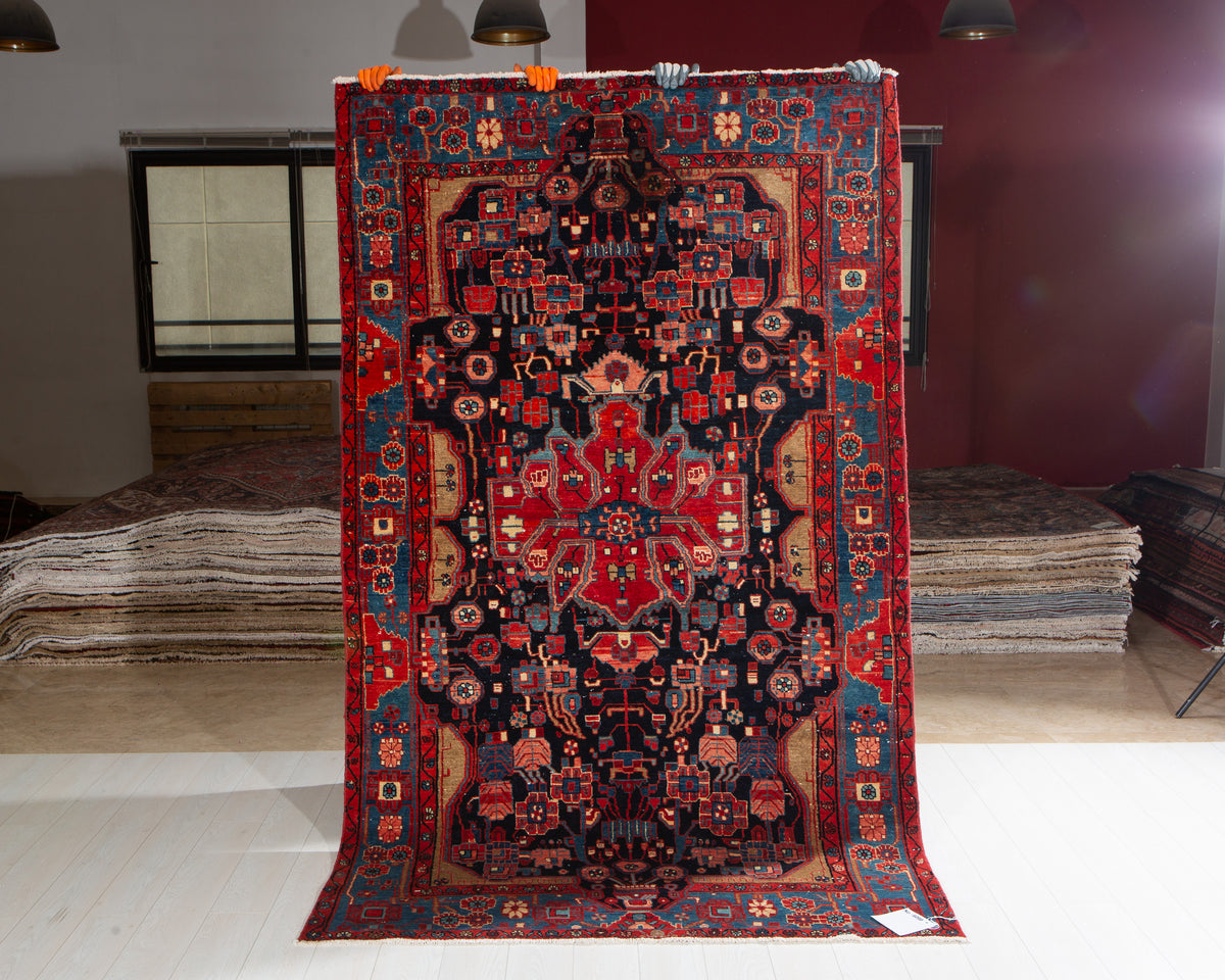 Antique Deep Navy Blue & Red Geometric Medallion Wool Rug – 8' 5" x 5' 0" (257 x 153 cm)