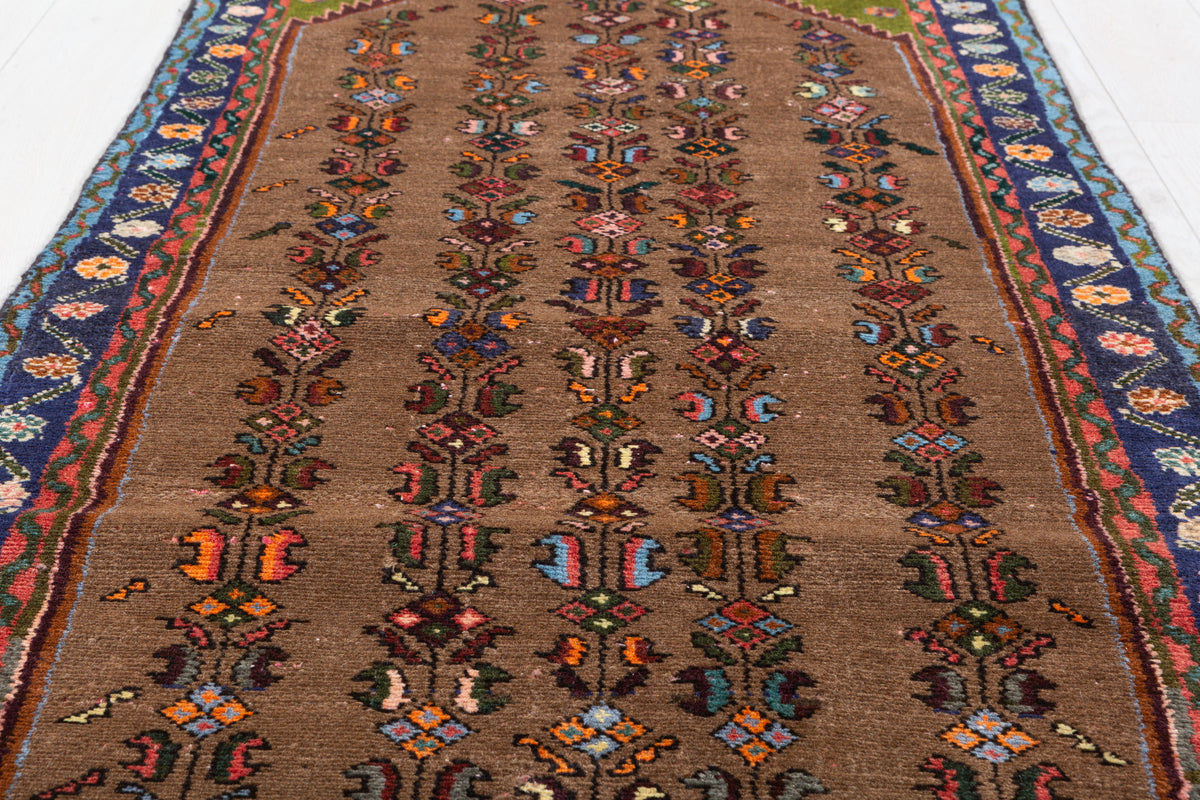 Vintage Geometric Runner Rug, Brown & Blue – 9' 5" x 2' 9" (288 x 83 cm)