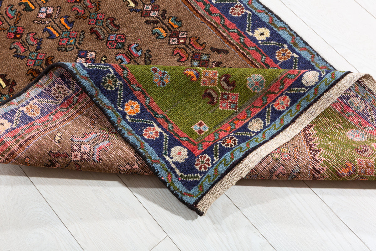 Vintage Geometric Runner Rug, Brown & Blue – 9' 5" x 2' 9" (288 x 83 cm)