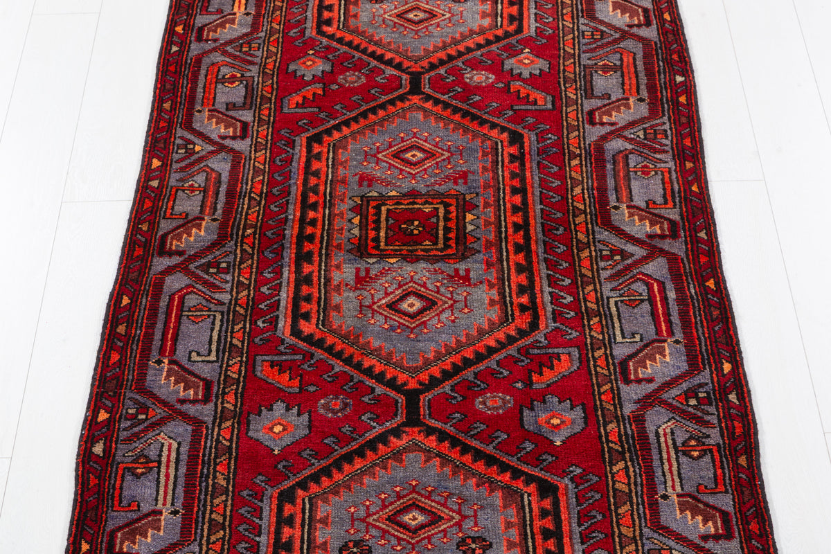 Vintage Geometric Medallion Runner Rug, Red & Blue – 10' 5" x 3' 6" (318 x 107 cm)