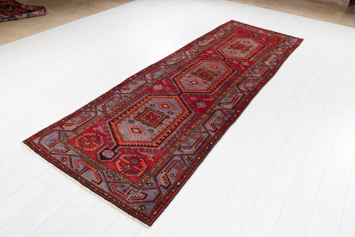 Vintage Geometric Medallion Runner Rug, Red & Blue – 10' 5" x 3' 6" (318 x 107 cm)
