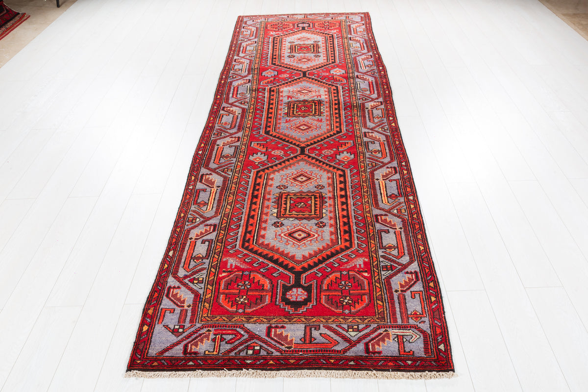Vintage Geometric Medallion Runner Rug, Red & Blue – 10' 5" x 3' 6" (318 x 107 cm)