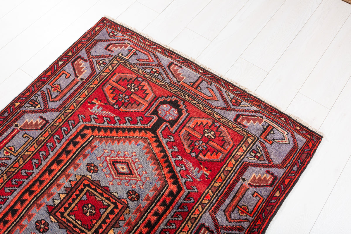 Vintage Geometric Medallion Runner Rug, Red & Blue – 10' 5" x 3' 6" (318 x 107 cm)