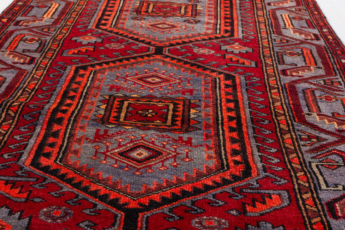 Vintage Geometric Medallion Runner Rug, Red & Blue – 10' 5" x 3' 6" (318 x 107 cm)