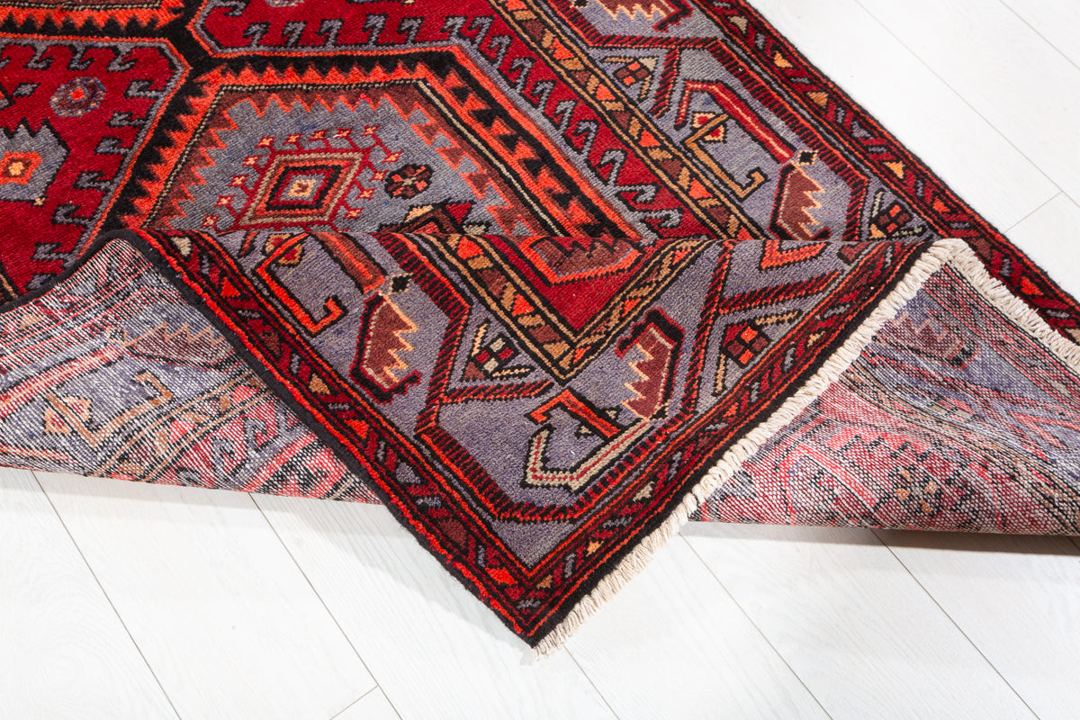 Vintage Geometric Medallion Runner Rug, Red & Blue – 10' 5" x 3' 6" (318 x 107 cm)