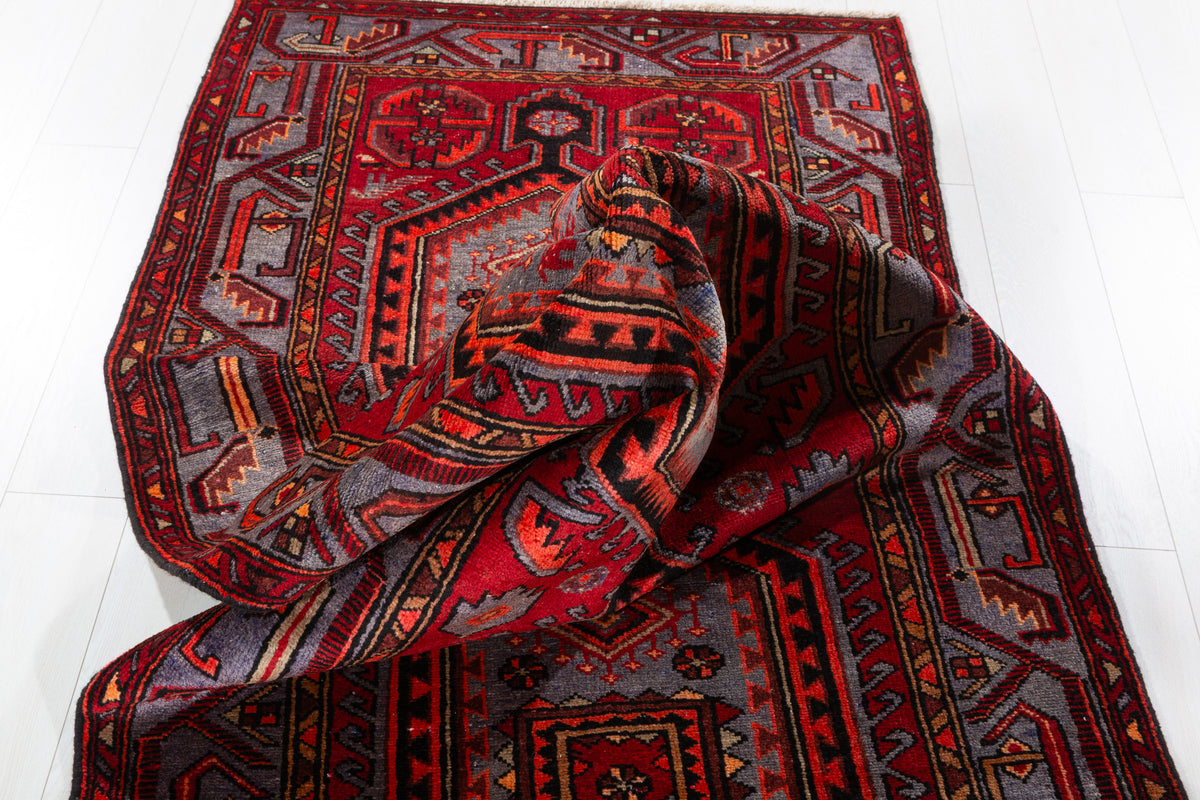 Vintage Geometric Medallion Runner Rug, Red & Blue – 10' 5" x 3' 6" (318 x 107 cm)