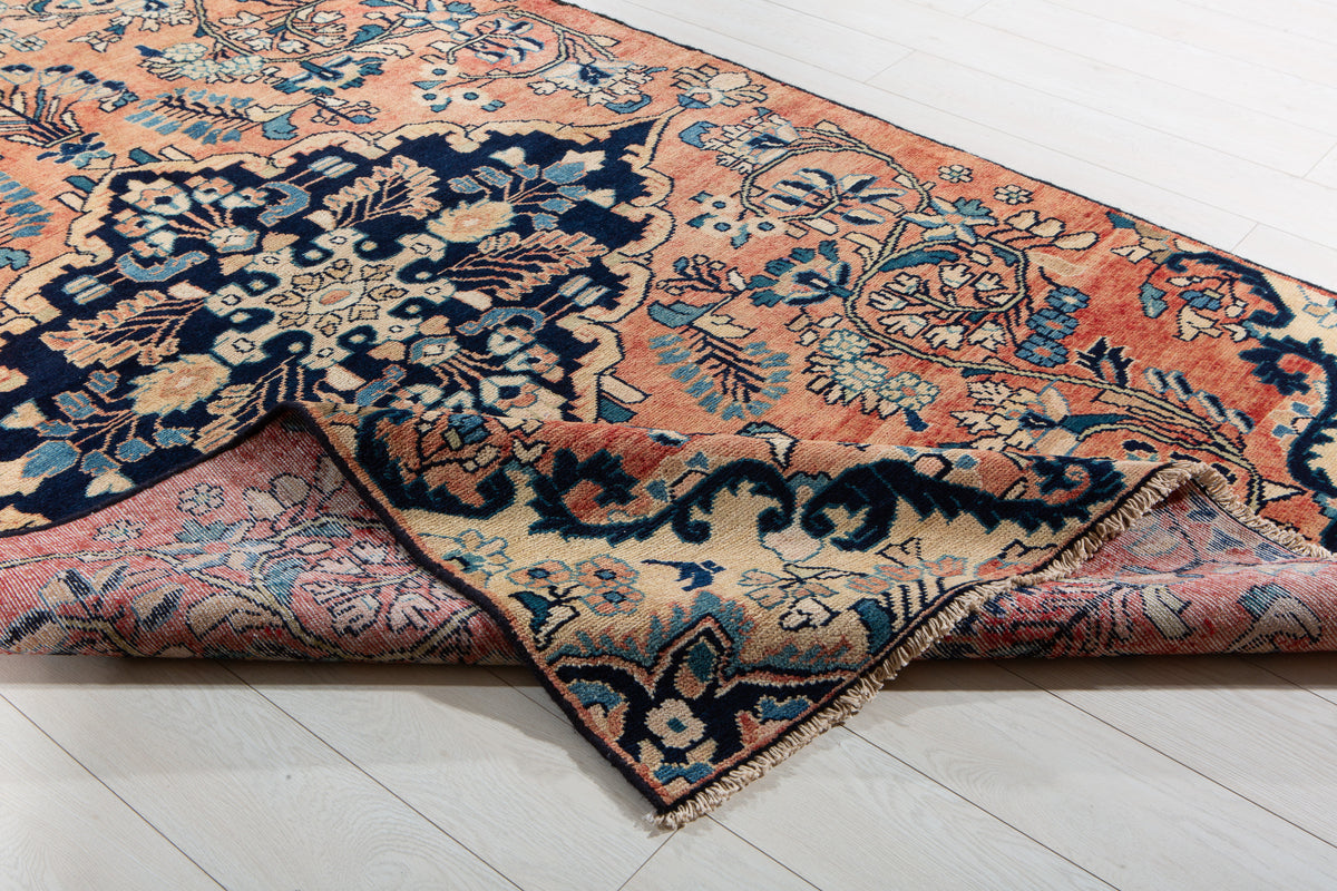 Rare Collectible Antique Copper & Navy Blue Floral Medallion Wool Rug – 8' 4" x 4' 11" (255 x 151 cm)