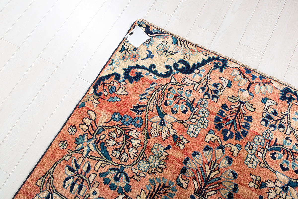 Rare Collectible Antique Copper & Navy Blue Floral Medallion Wool Rug – 8' 4" x 4' 11" (255 x 151 cm)