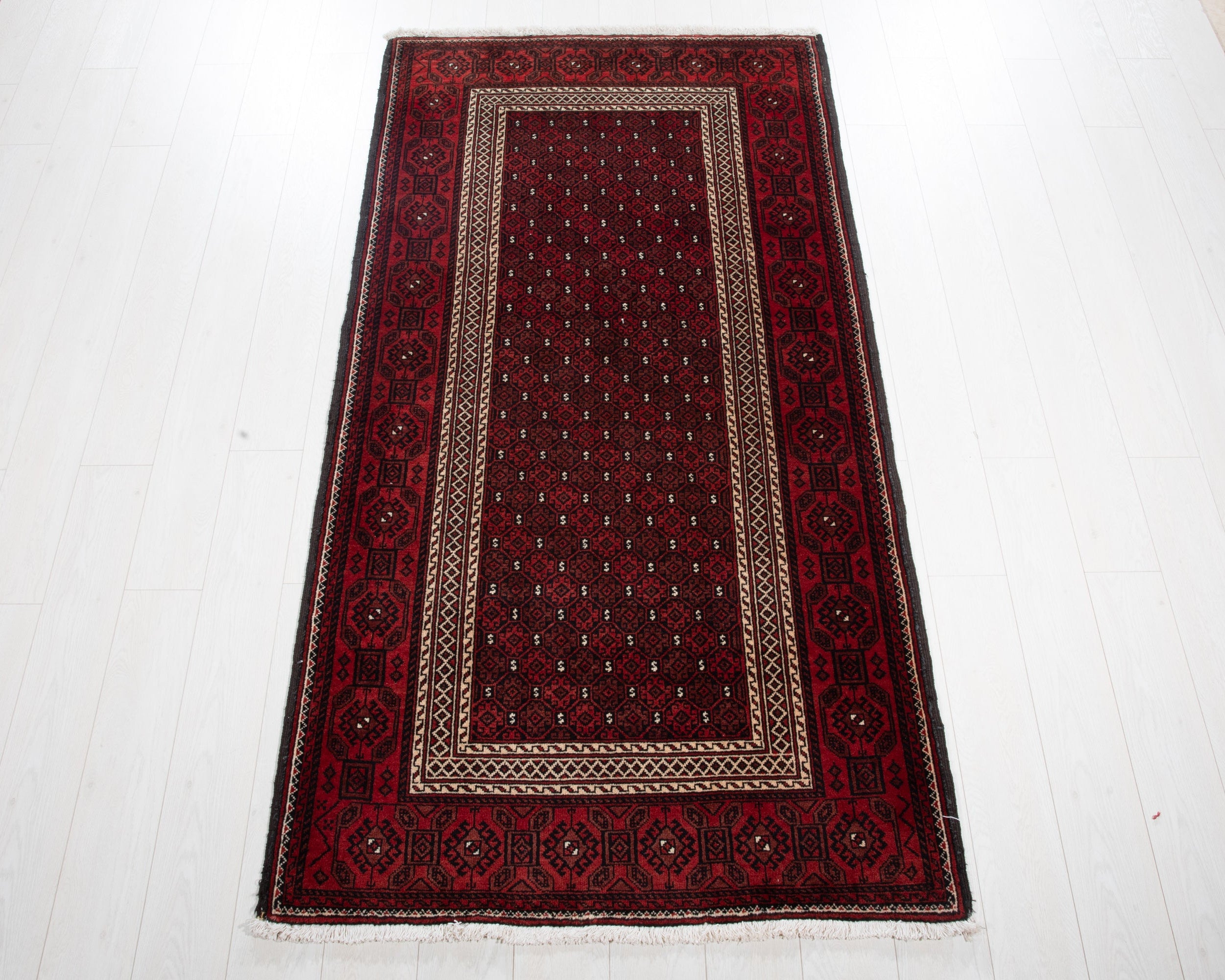 Fine Vintage Baluch Allover Wool Rug, Red, 4x7 – 7' 1" x 3' 7" (215 x 110 cm)