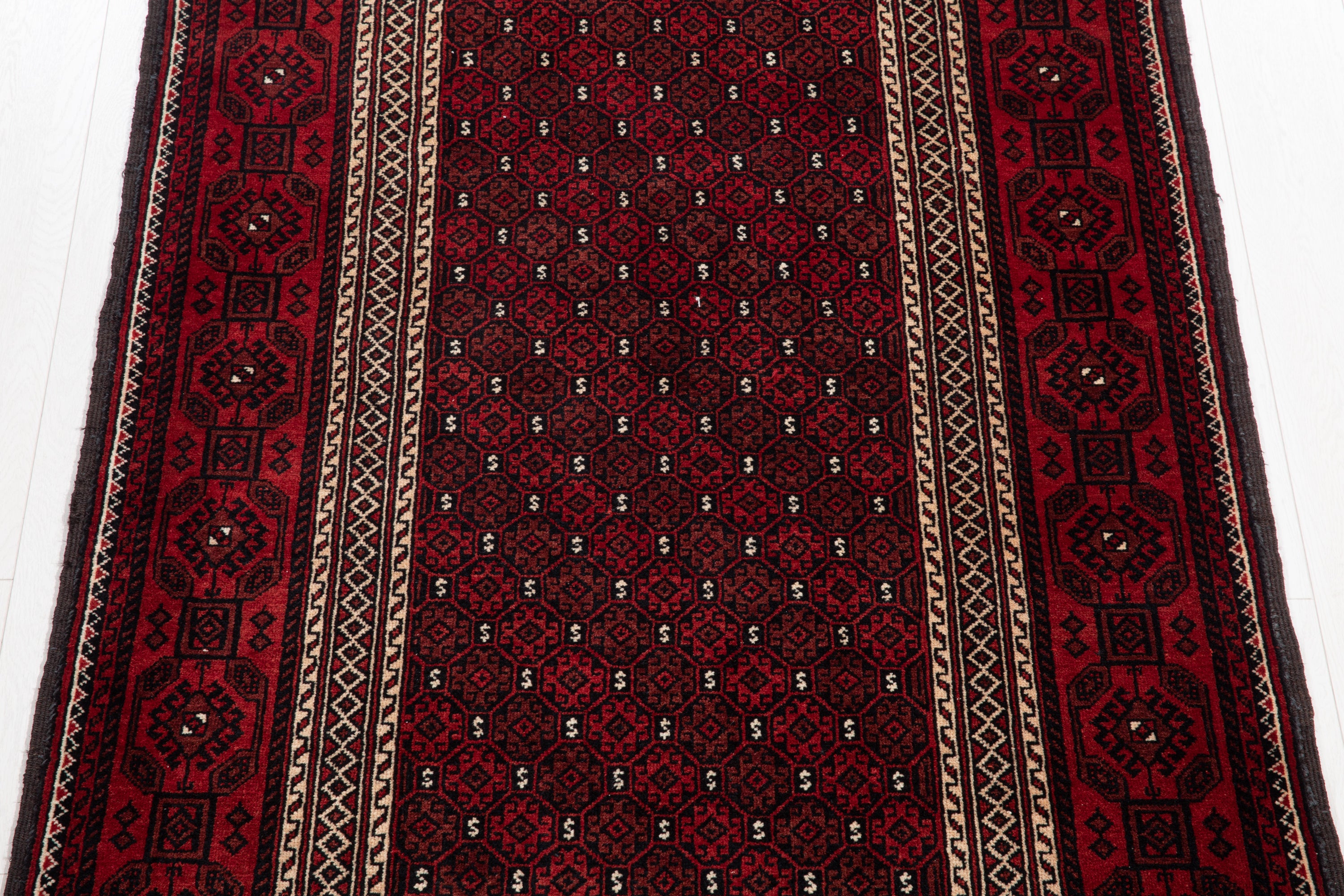 Fine Vintage Baluch Allover Wool Rug, Red, 4x7 – 7' 1" x 3' 7" (215 x 110 cm)