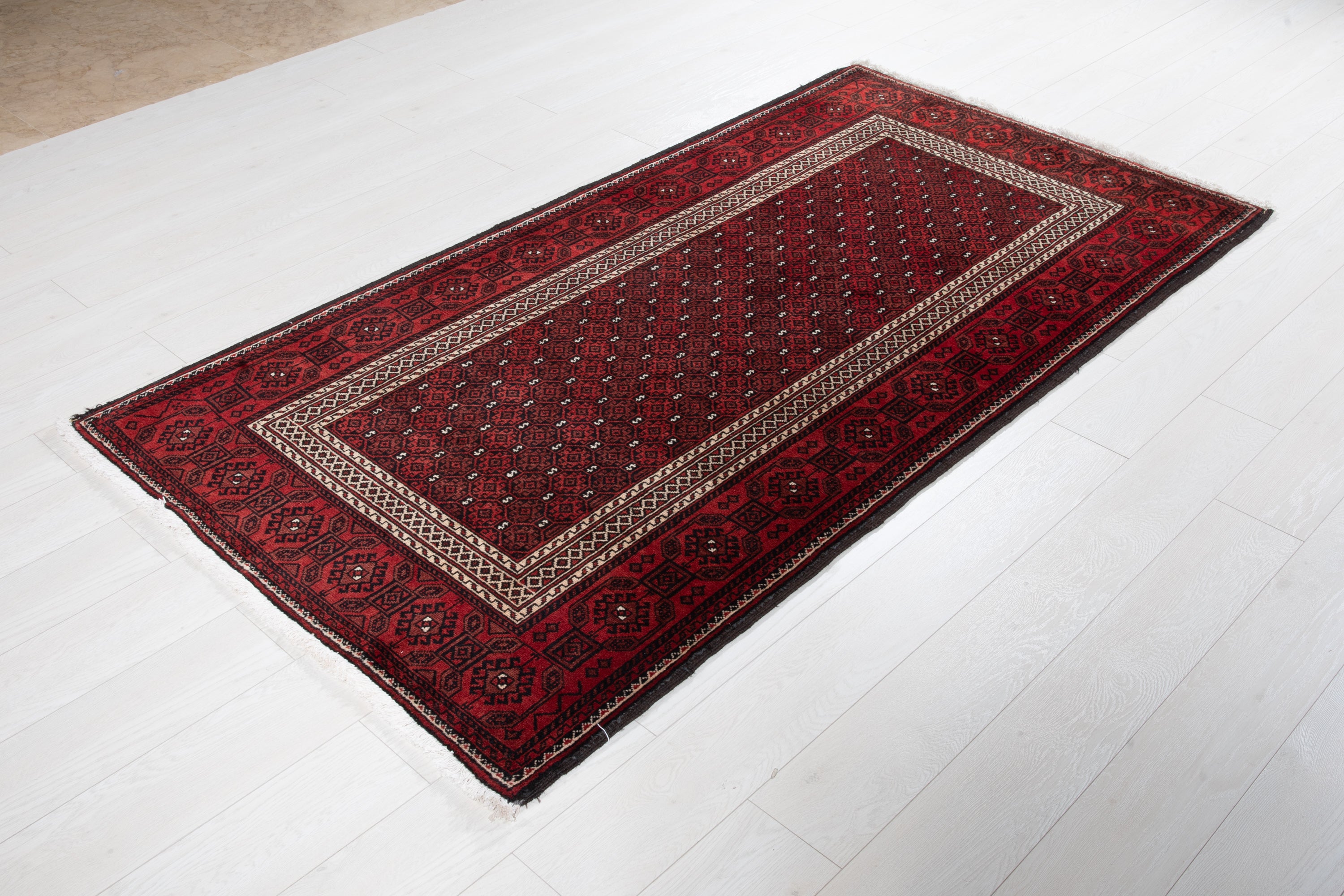 Fine Vintage Baluch Allover Wool Rug, Red, 4x7 – 7' 1" x 3' 7" (215 x 110 cm)
