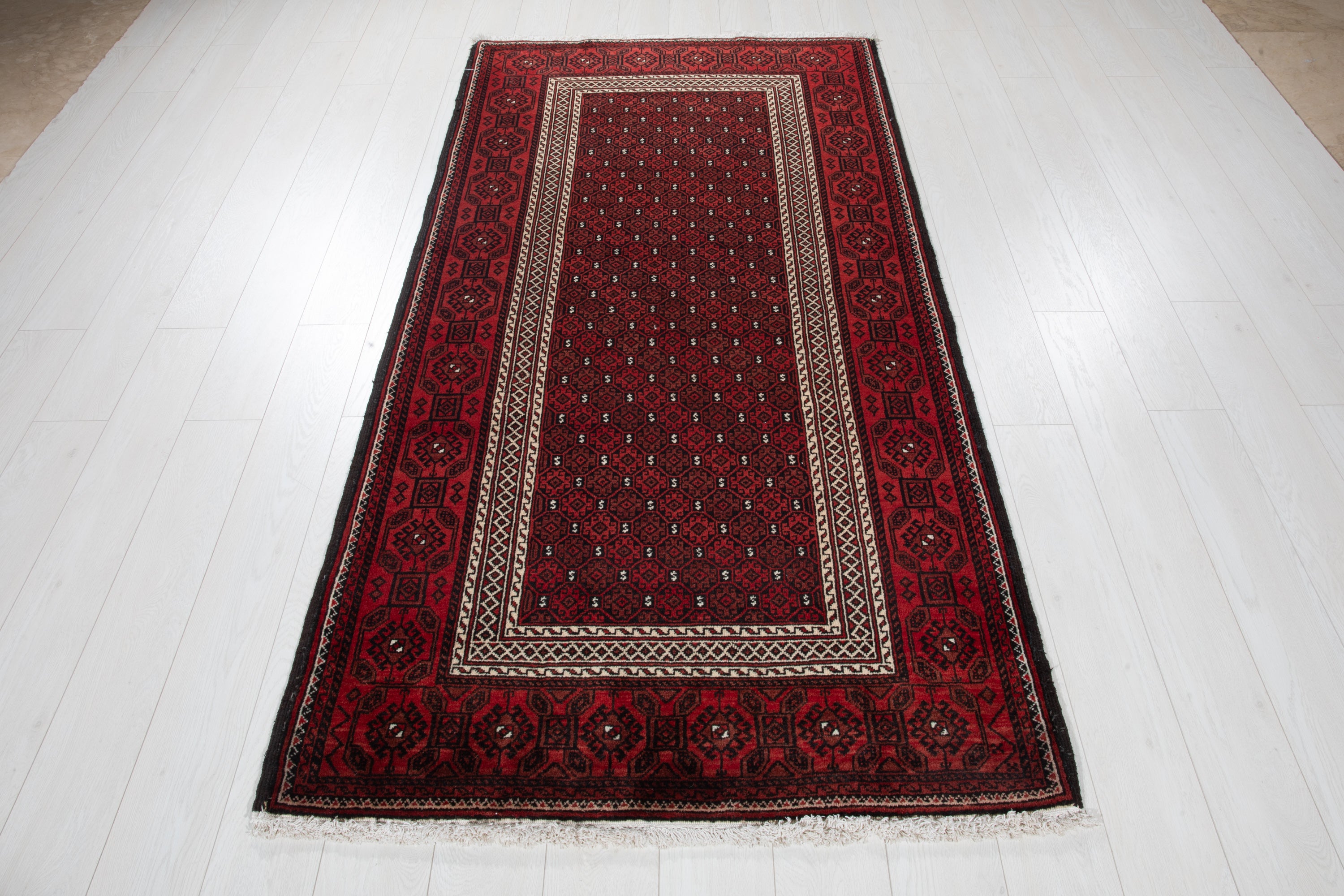 Fine Vintage Baluch Allover Wool Rug, Red, 4x7 – 7' 1" x 3' 7" (215 x 110 cm)