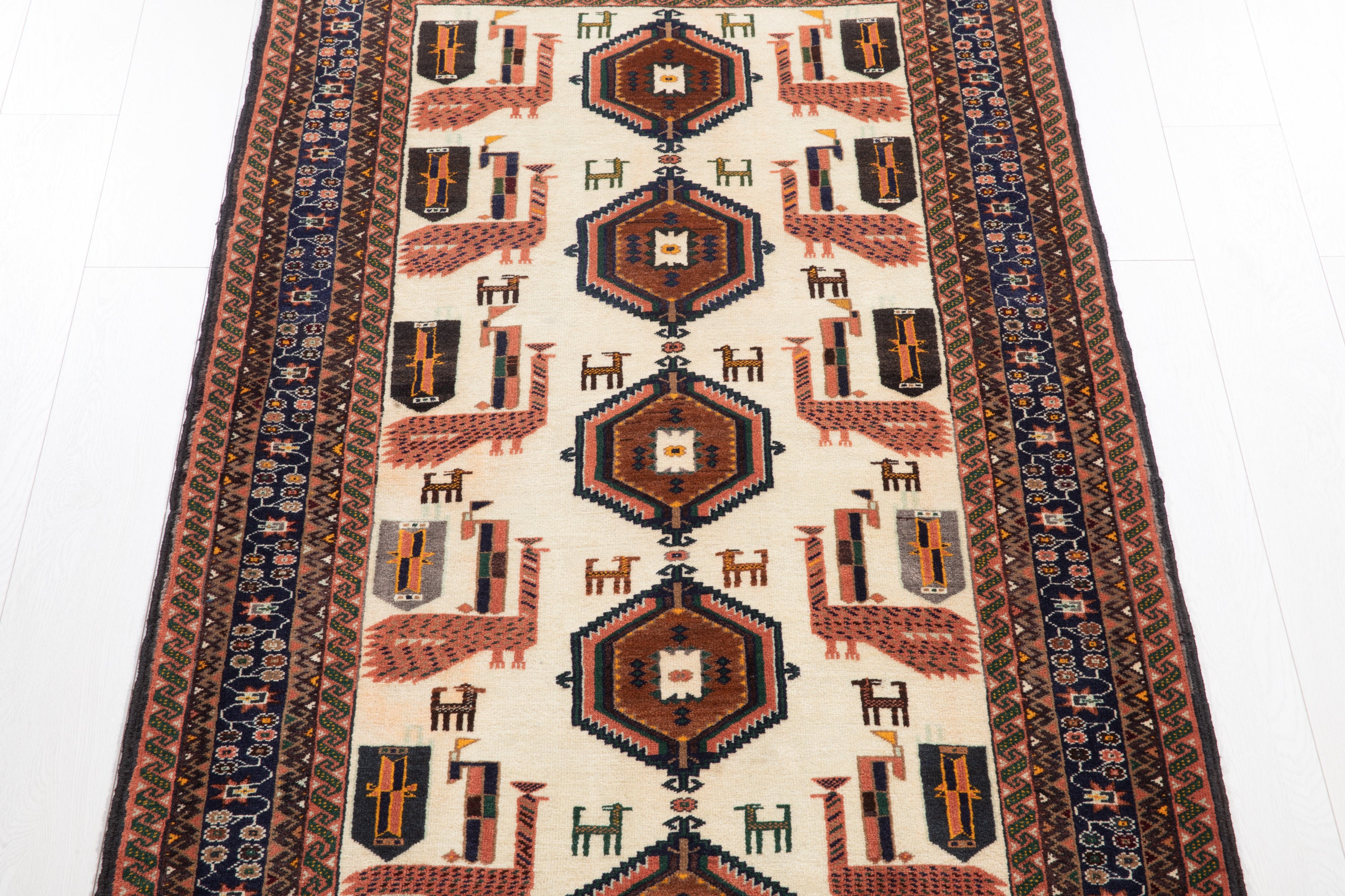 Collectible Fine Vintage Baluch Peacock Wool Rug, Beige, 4x6 – 6' 4" x 3' 6" (194 x 107 cm)