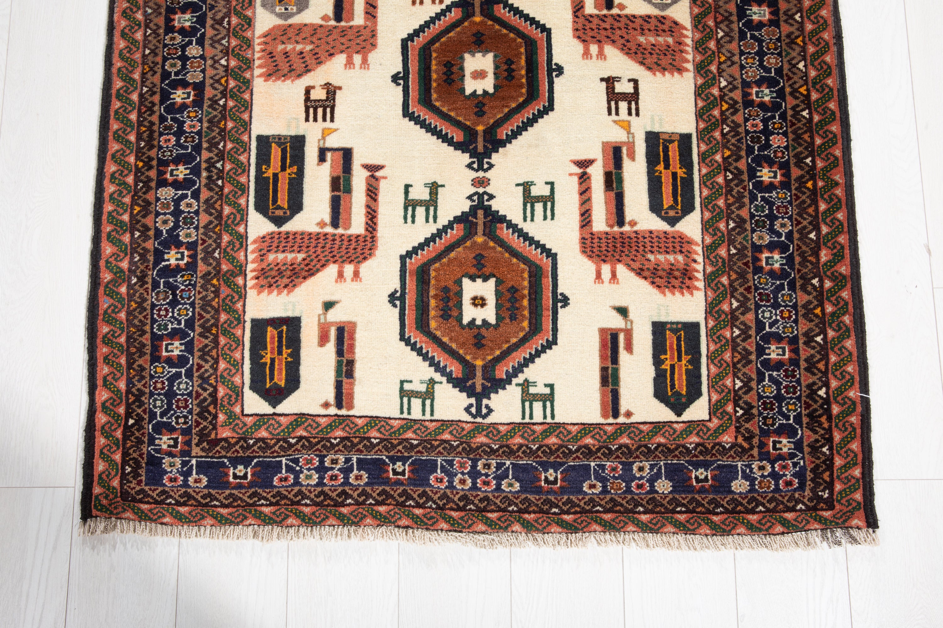 Collectible Fine Vintage Baluch Peacock Wool Rug, Beige, 4x6 – 6' 4" x 3' 6" (194 x 107 cm)