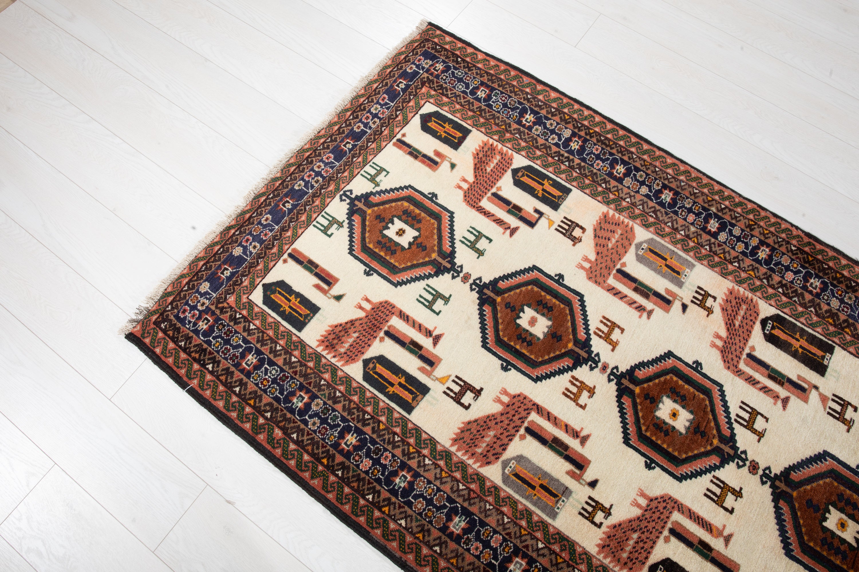 Collectible Fine Vintage Baluch Peacock Wool Rug, Beige, 4x6 – 6' 4" x 3' 6" (194 x 107 cm)