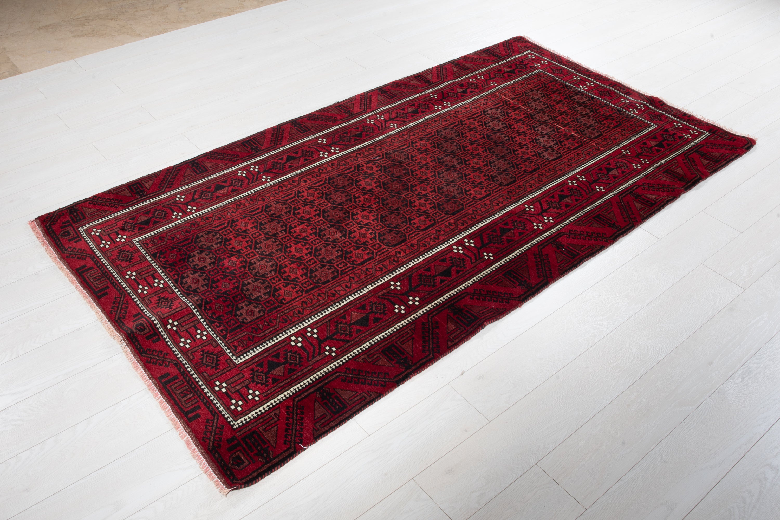 Fine Vintage Baluch Allover Wool Rug, Deep Red, 4x8 – 7' 8" x 3' 11" (235 x 120 cm)
