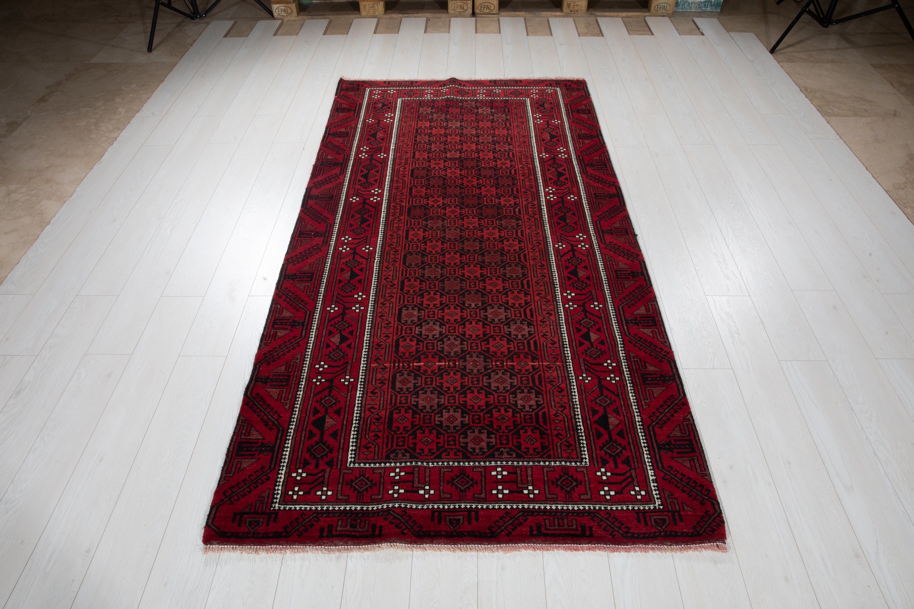 Fine Vintage Baluch Allover Wool Rug, Deep Red, 4x8 – 7' 8" x 3' 11" (235 x 120 cm)