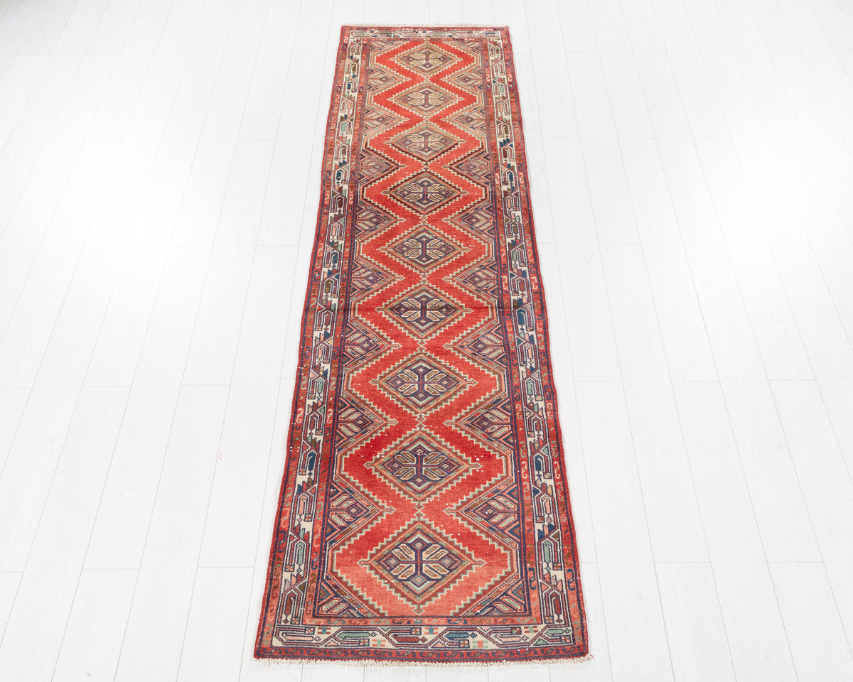 Vintage Hamadan Coral Compact Medallion Sequence Runner Rug in coral, soft blue, ivory, SKU 5395