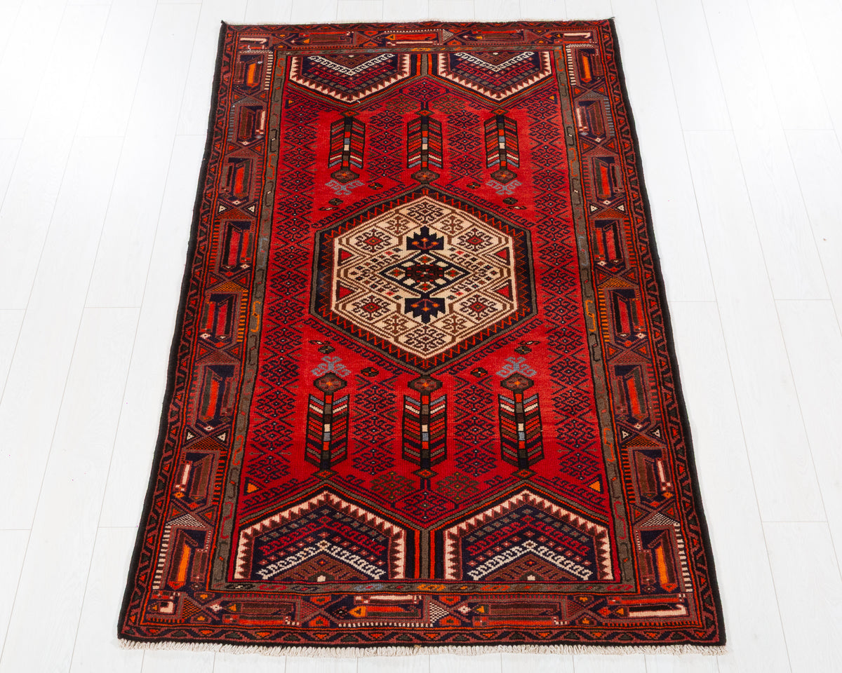 Vintage Zanjan Red Layered Tribal Medallion Area Rug in red, deep navy, ivory, SKU 5398