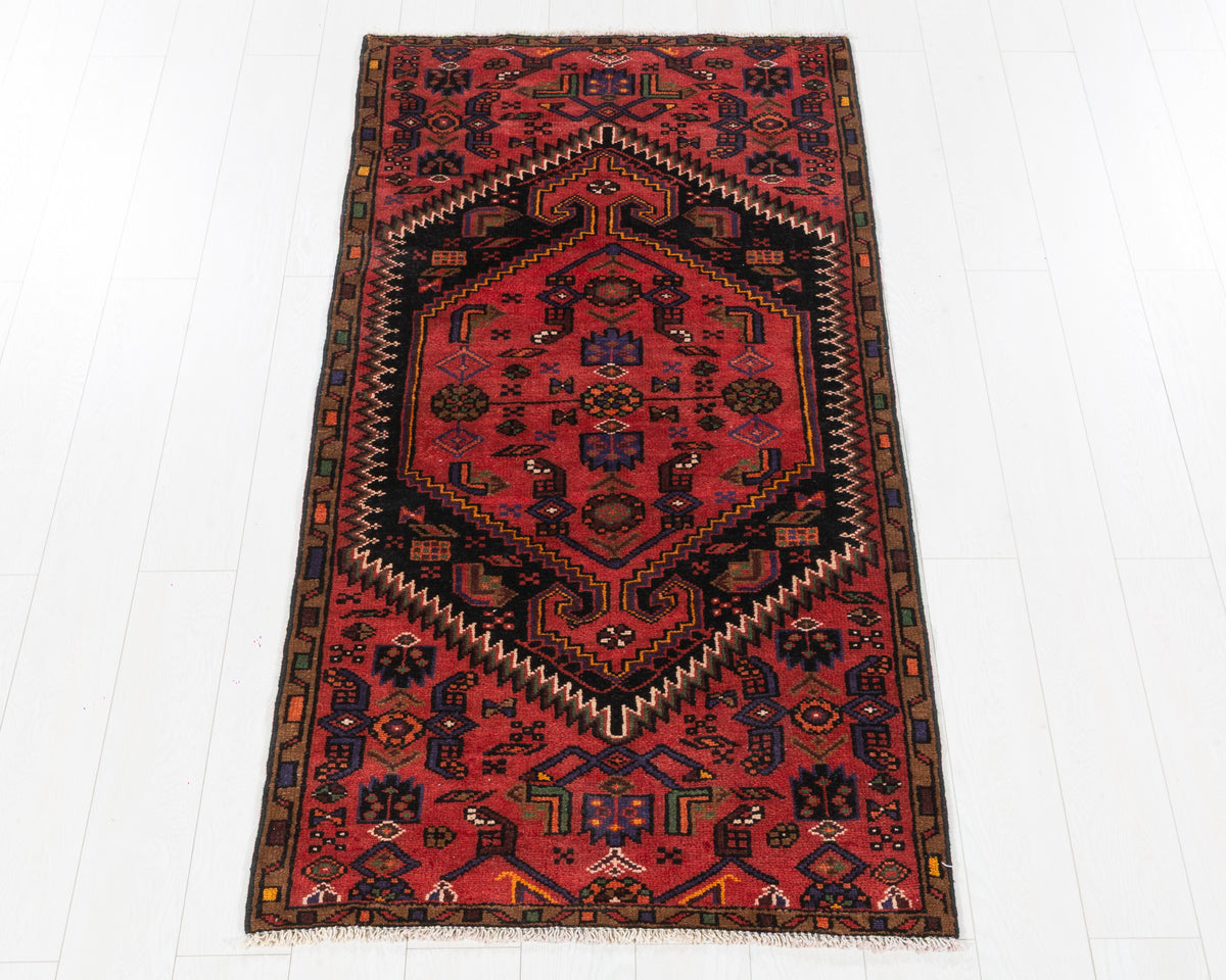Vintage Zanjan Rust Red Five Linked Medallions Area Rug in rust red, deep navy, brown, SKU 5399