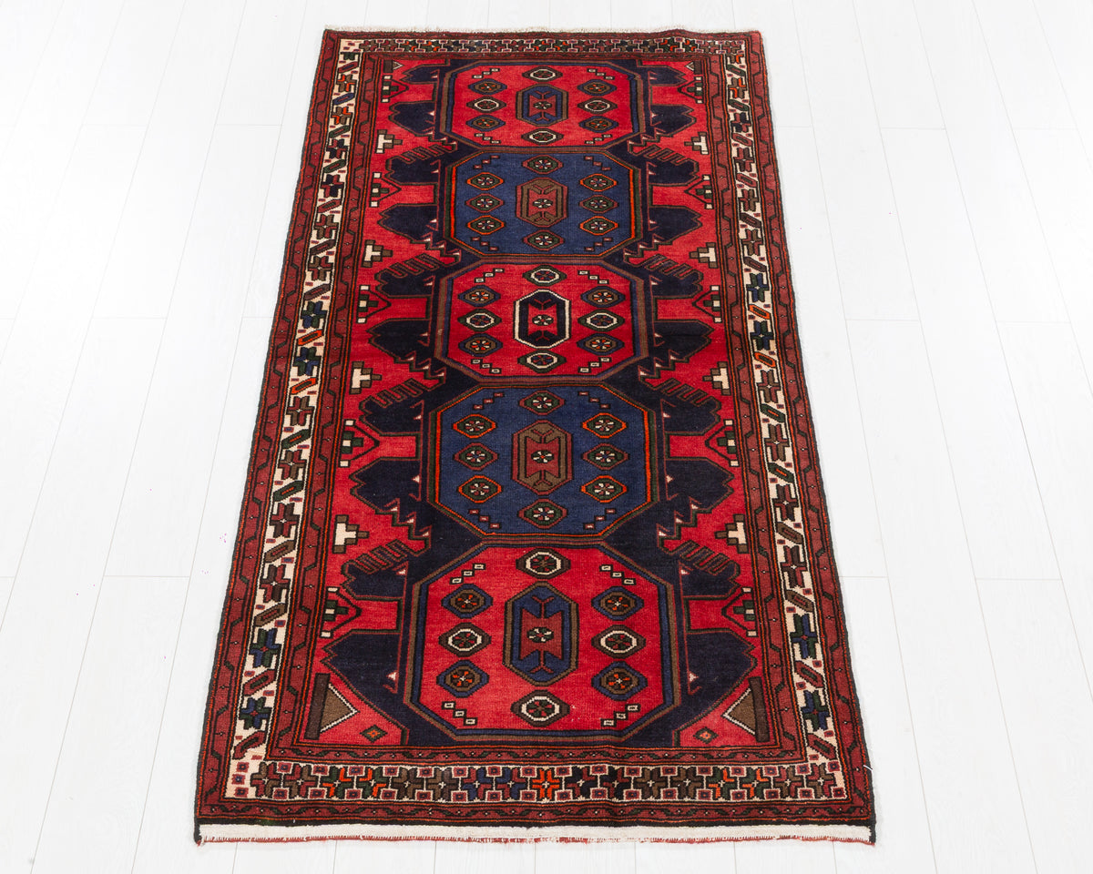 Vintage Zanjan Red Large Geometric Medallion Area Rug in red, navy blue, ivory, SKU 5400