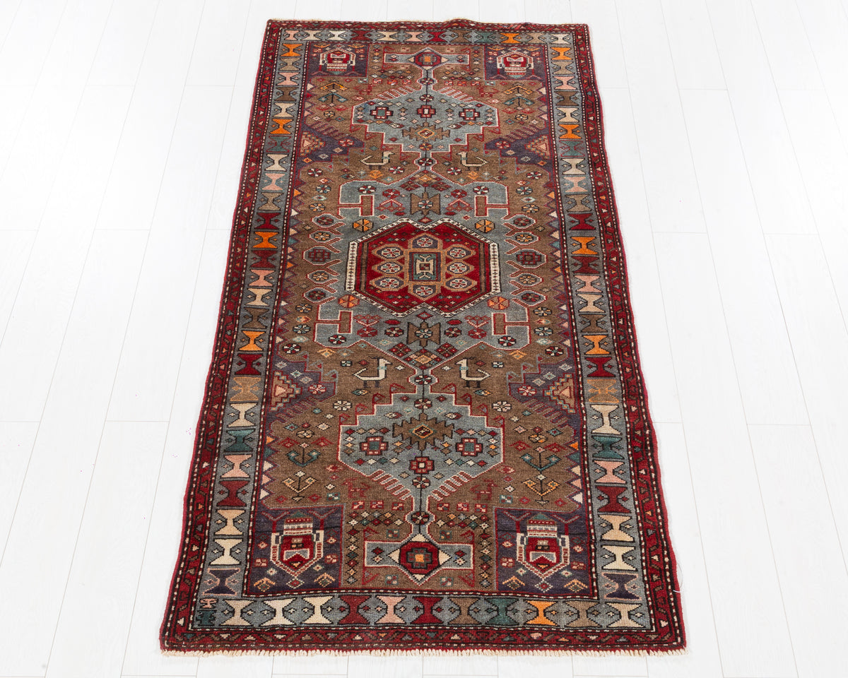 Vintage Tarom Beige Angular Village Medallions Area Rug in beige, muted blue, rust, SKU 5403