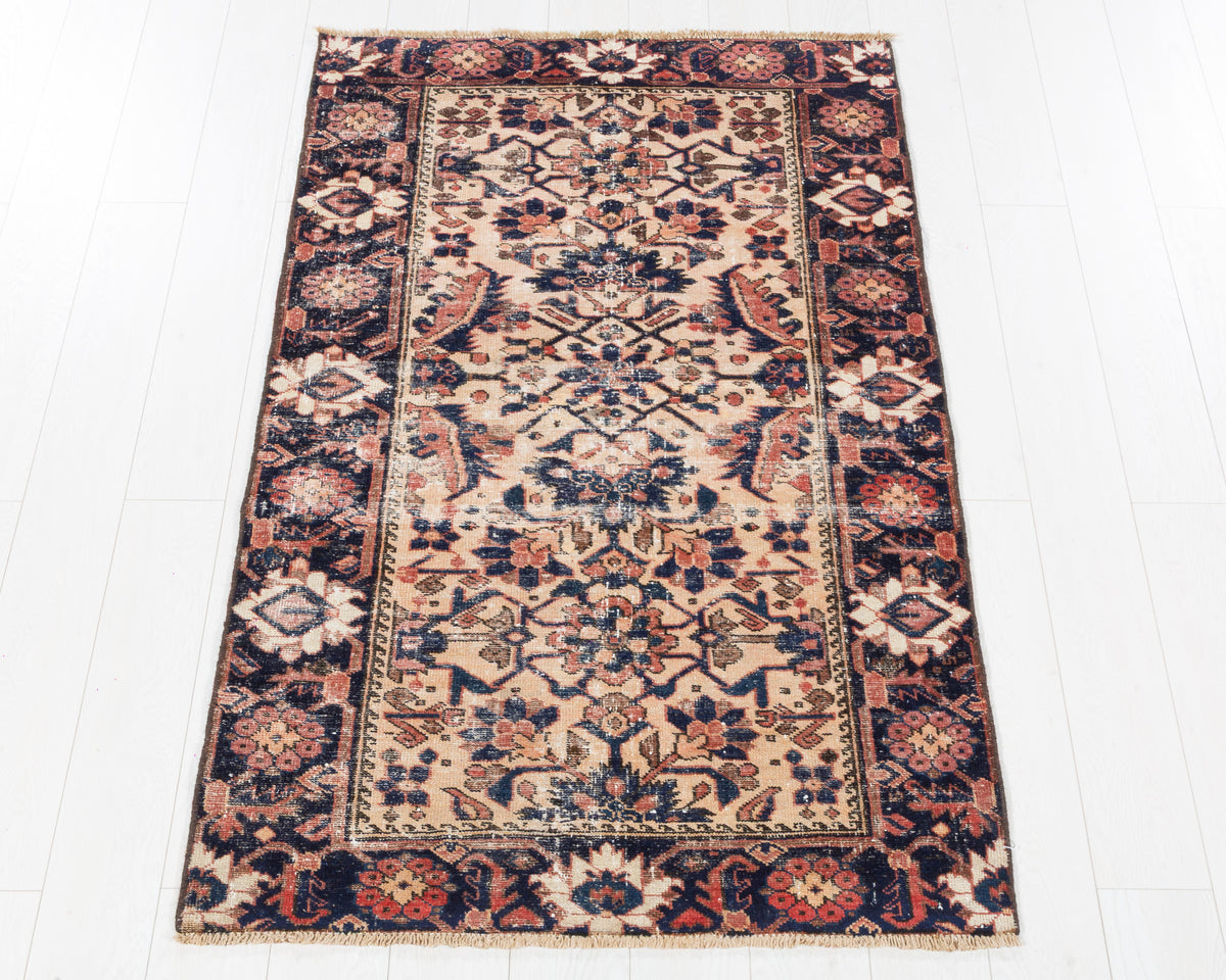 Antique Tarom Ivory Coral Geometric Medallion Area Rug in ivory, navy blue, soft brown, SKU 5407