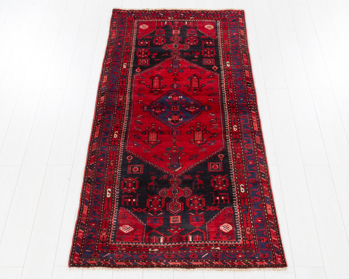 Vintage Zanjan Red Botanical Medallion Composition Area Rug in red, navy blue, black, SKU 5409