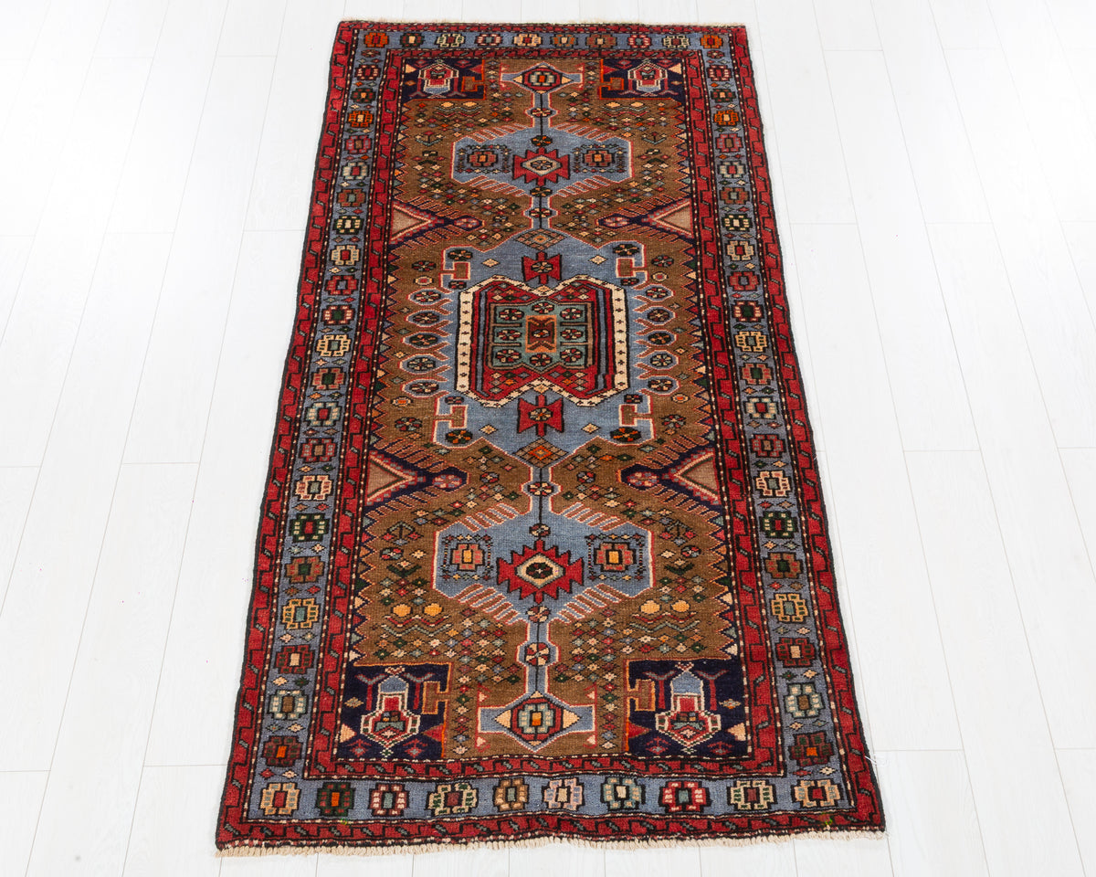 Vintage Tarom Camel Brown Tonal Tribal Lattice Area Rug in camel brown, rust red, blue, SKU 5412