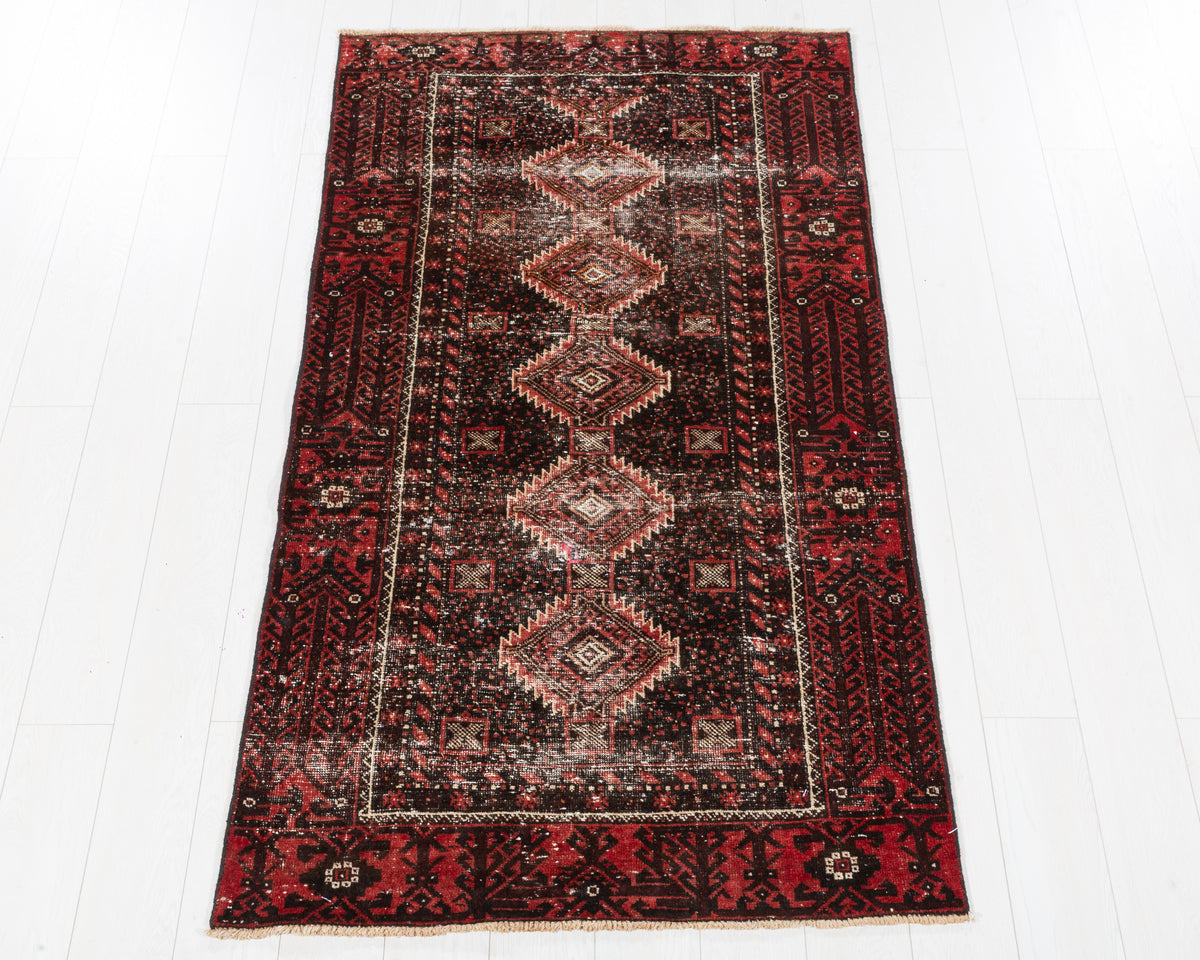 Antique Baluch black geometric distressed area rug, 3x6, SKU 5413