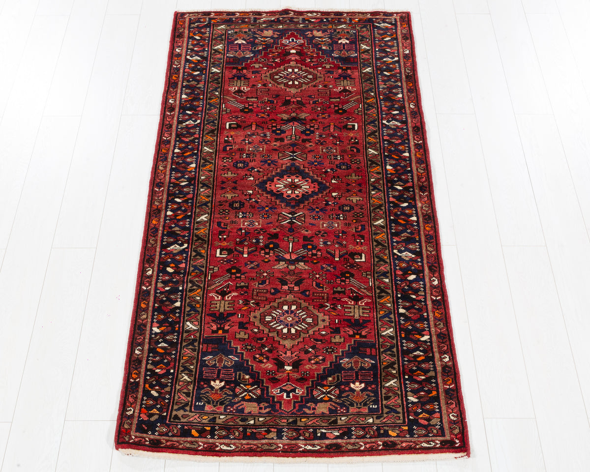 Vintage Zanjan rust red fine-motif geometric area rug with deep navy border, 3x6, SKU 5414