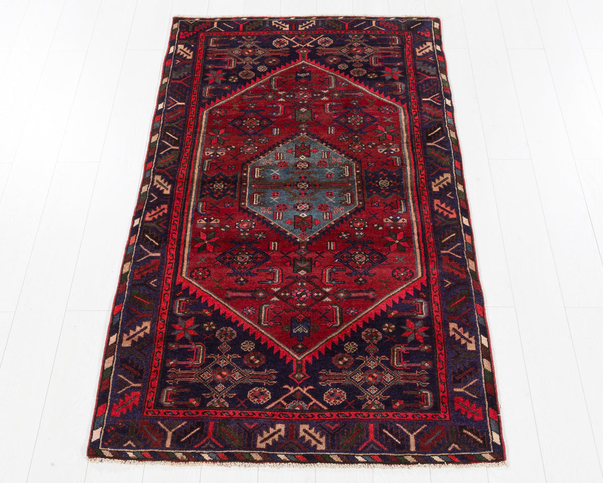 Vintage Zanjan Red Linear Tribal Drawing Area Rug in red, blue, ivory, SKU 5418