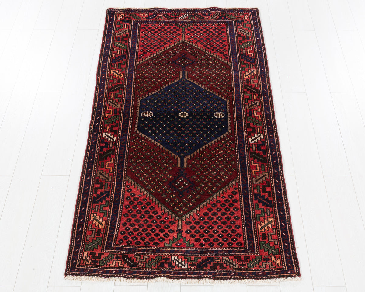 Vintage Zanjan Red Three-Part Medallion Design Area Rug in red, deep navy, brown, SKU 5420