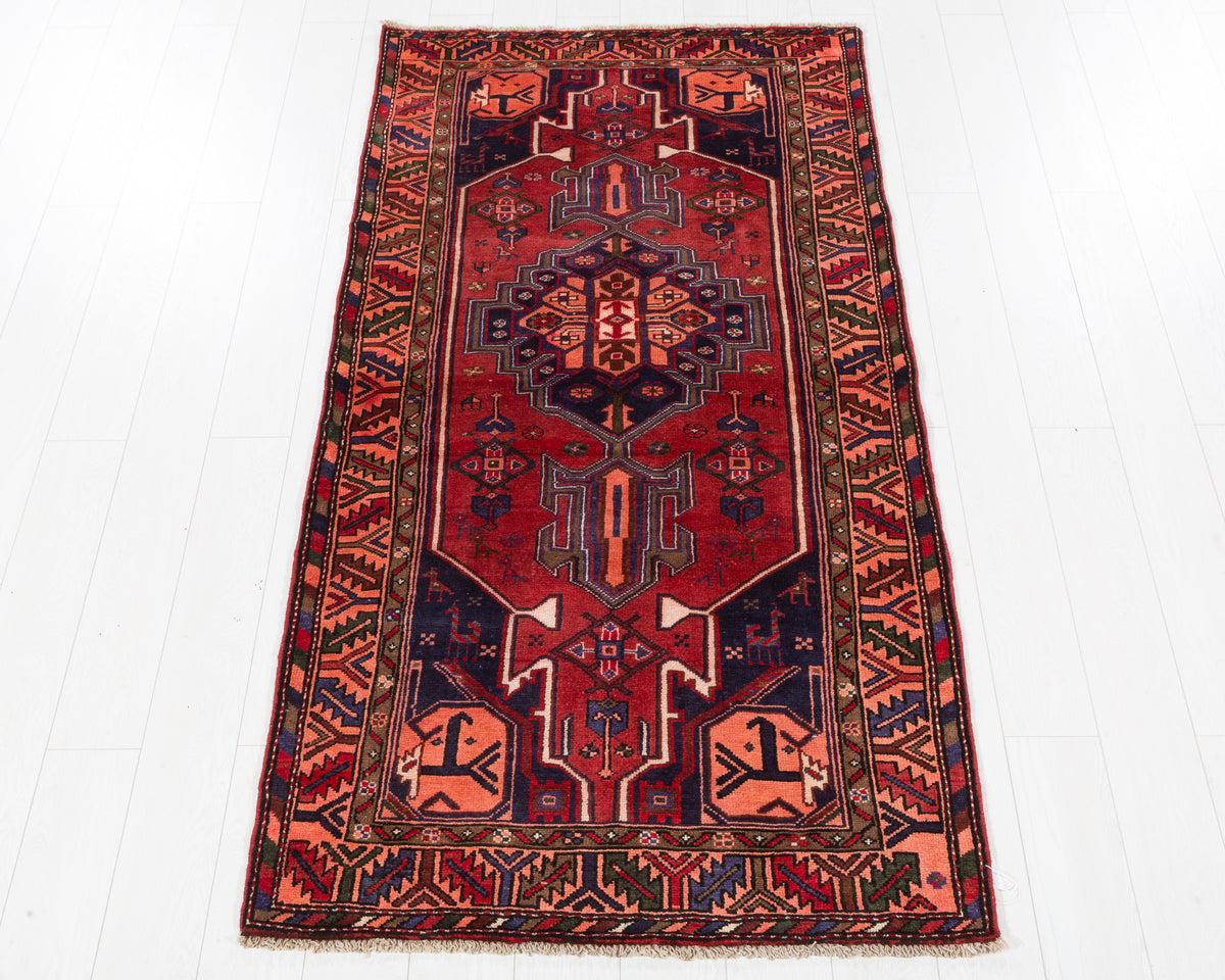 Vintage Zanjan Red Muted Geometric Medallion Area Rug in red, navy blue, brown, SKU 5422