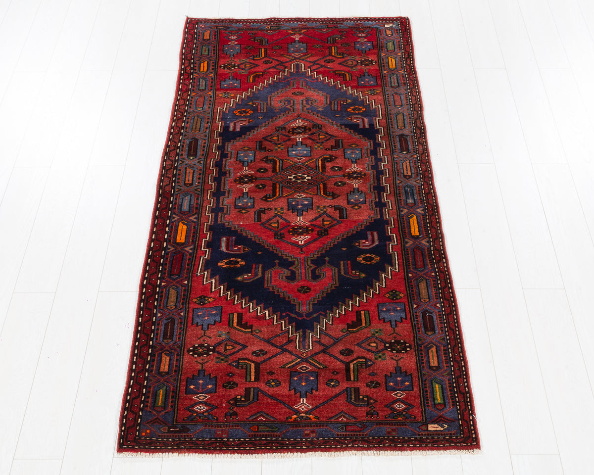 Vintage Zanjan red, deep navy blue and soft blue geometric medallion area rug, 4x7, SKU 5429