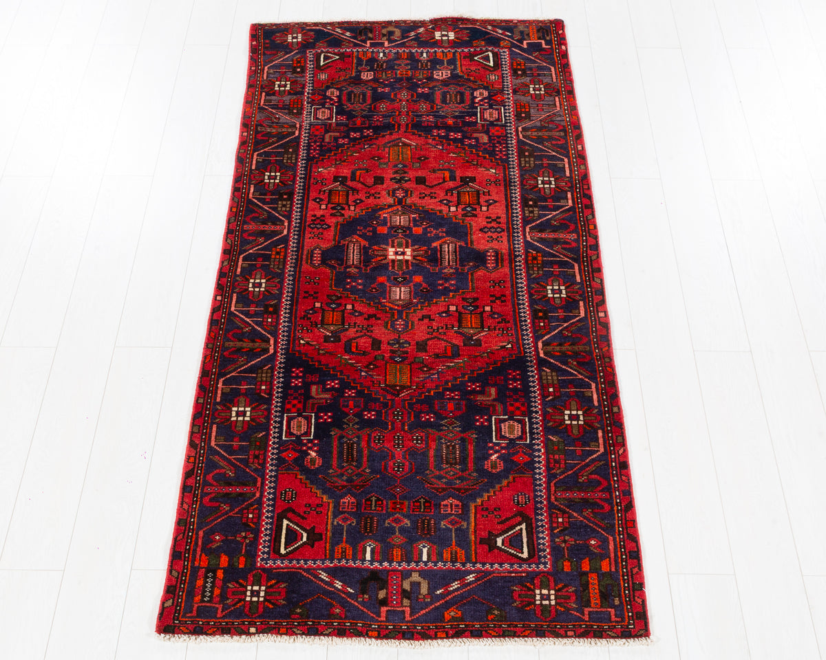 Vintage Zanjan navy blue and red geometric area rug, 3x7, SKU 5430