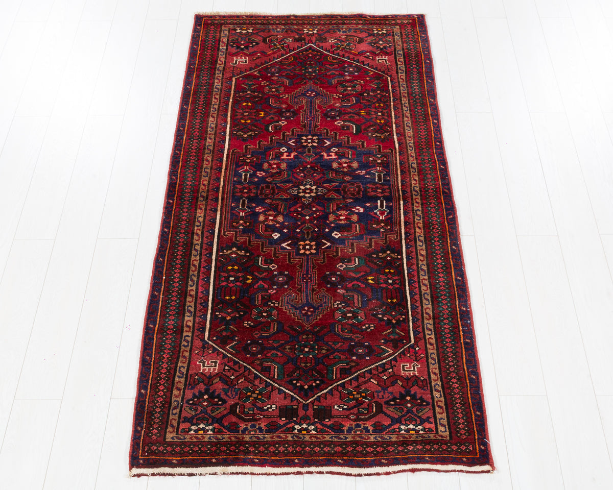 Vintage Zanjan rust red and navy blue fine geometric area rug, 3x7, SKU 5434