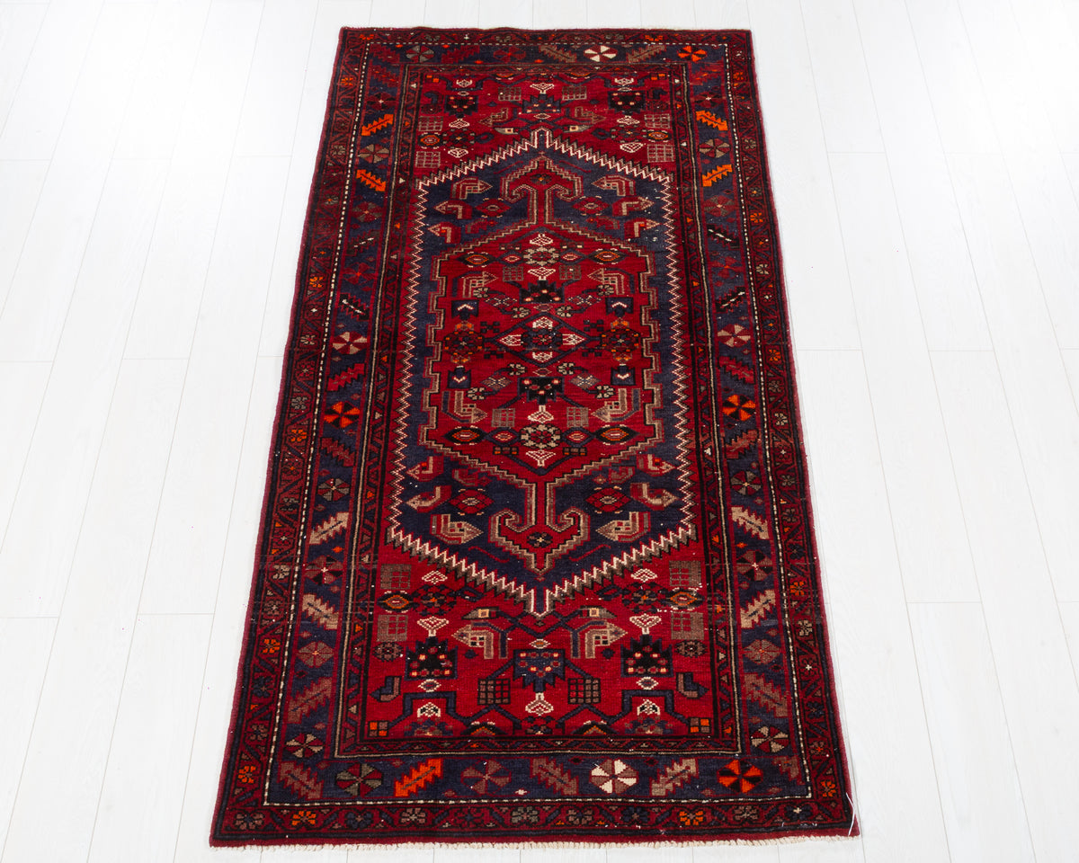 Vintage Zanjan red and faded navy blue geometric area rug, 4x7, SKU 5436