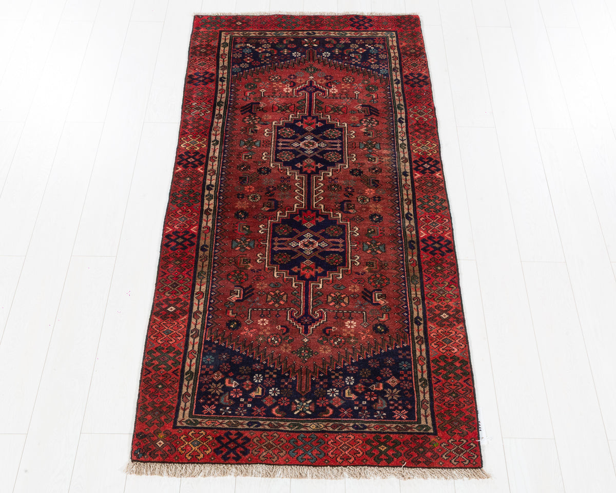 Vintage Zanjan Rust Red and Deep Navy Blue Elongated Geometric Medallion Area Rug, 3x6 – 6' 5" x 3' 2" (195 x 96 cm), SKU 5441