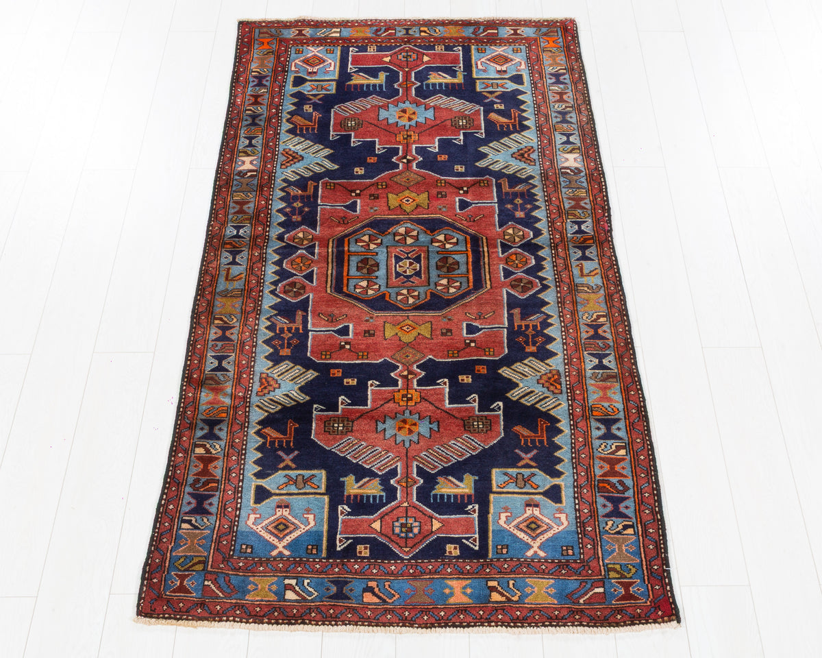 Vintage Tarom Navy Blue and Light Blue Bold Geometric Medallion Area Rug, 4x6 – 6' 4" x 3' 6" (194 x 107 cm), SKU 5443