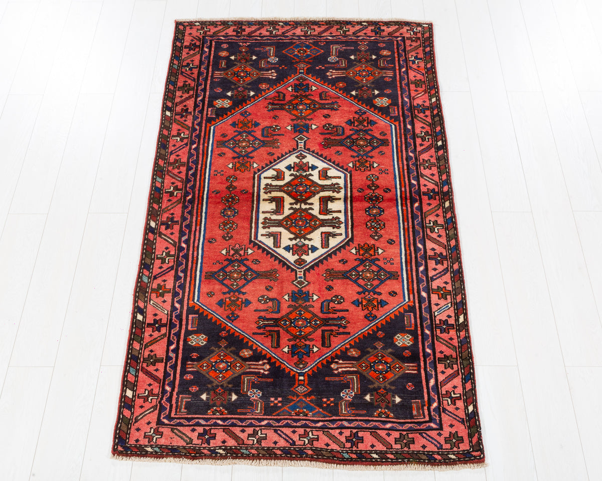 Vintage Zanjan Red and Navy Blue Central Hexagonal Medallion Area Rug, 4x6 – 6' 5" x 3' 8" (196 x 111 cm), SKU 5446